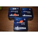 Three Okuma fly fishing reels unused in boxes.AF 7/9