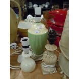 A selection of table lamps including cream and green glaze fluted Royal Winton