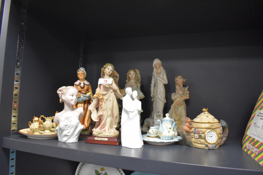 A mixed collection of figurines and dolls/display tea services including Coalport.