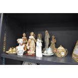 A mixed collection of figurines and dolls/display tea services including Coalport.