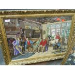 A vintage embroidery of dandy gathering in fancy gilt effect frame