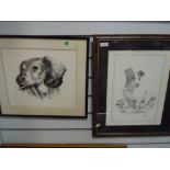Two black and white prints of dogs including spaniel and jack russel