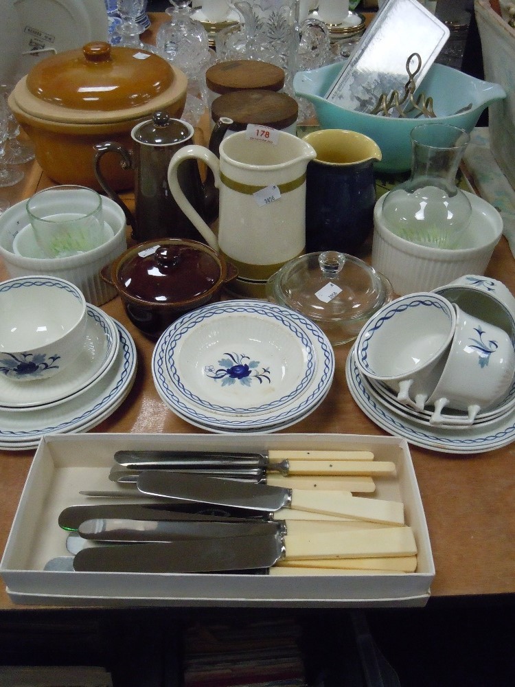 A selection of kitchen wares including cock pot blue glass Pyrex dish and Brookes and Crookes knives