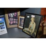 Two classical styled portraits and an abstract framed print after Klee 'woman in costum'.