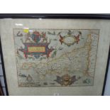 A vintage colour print, Saxtons map of Cornwall.