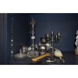 A mixed lot of Plated ware and similar including lamp stand, candlestick holder, dressing table