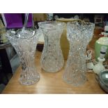 Three impressive antique clear cut crystal vase tallest standing at 35.5cm all in very good