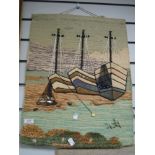 A wool wall hanging depicting a Whitby bay boat scene.