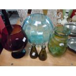 A selection of colour and art glass including hand blown blue green swirl having pontil break