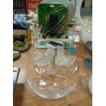 A selection of glass wares including green art glass bowl and Dartington leaf dish