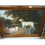A framed full colour print of hunting hounds