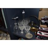A mixed lot of vintage glasses and metal wares including hammered dish and similar oriental styled