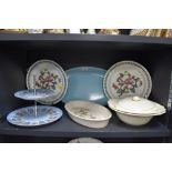 A mixed lot of items including Cake stand,tureens ad Portemeirion plates.