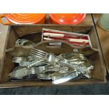 A selection of fine cutlery and flatwares including Mollett and Sheffield steel in carry tray