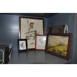 A selection of frames,a small oil on board and an embroidery depicting little Bo peep.