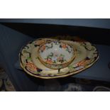 A large Masons platter and a bowl, both having transfer pattern with blue,orange,yellow and green