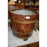 A vintage barrel style planter or coal bucket having zinc liner, diameter approx. 37cm