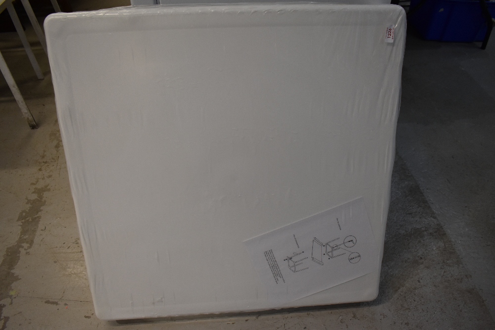 A modern square top garden table, still packaged, sealed, box bit tatty, approx 75cm