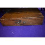 A Victorian travelling salesman or similar box, in oak, with top and side handles, dimensions