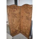 A vintage two panel room divider, having damask style hunting and foliate decoration and leather