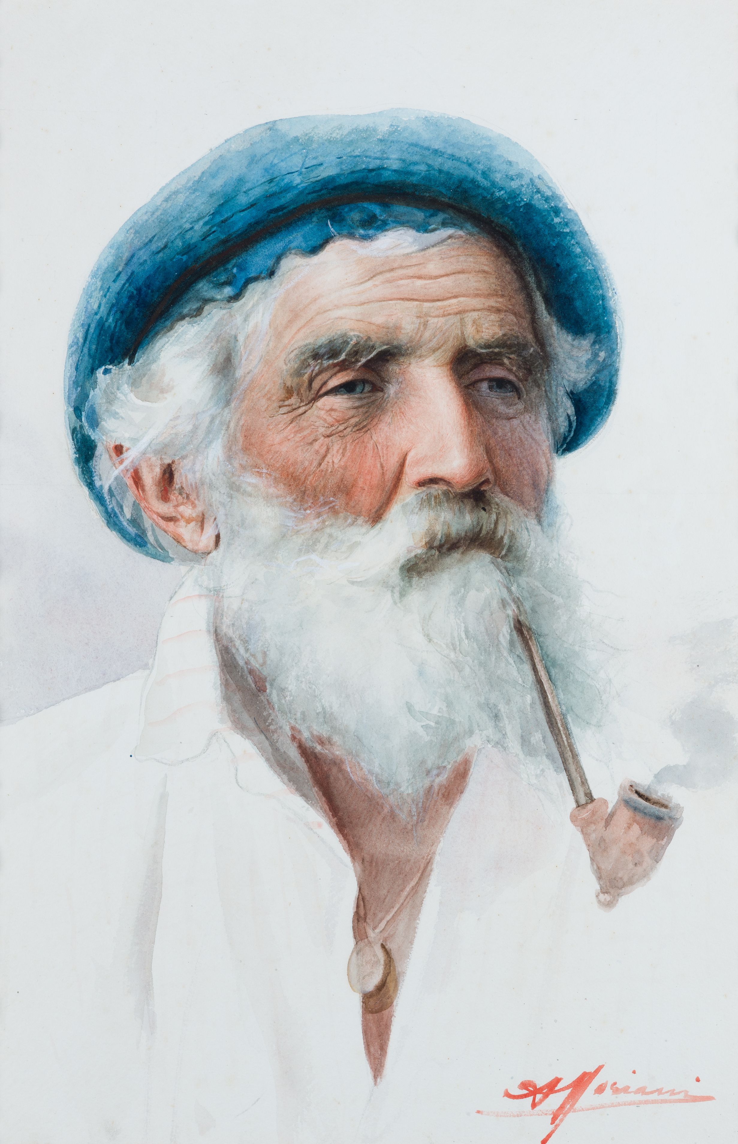 □ AUGUSTO MORIANI (1854-1913) PORTRAIT OF A BETURBANED MAN WITH A PIPE Signed l.r. watercolour with