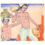 MABEL ALLINGTON ROYDS (1874-1941) BOYS CARRYING COPPER POTS woodcut with hand colouring signed & ins
