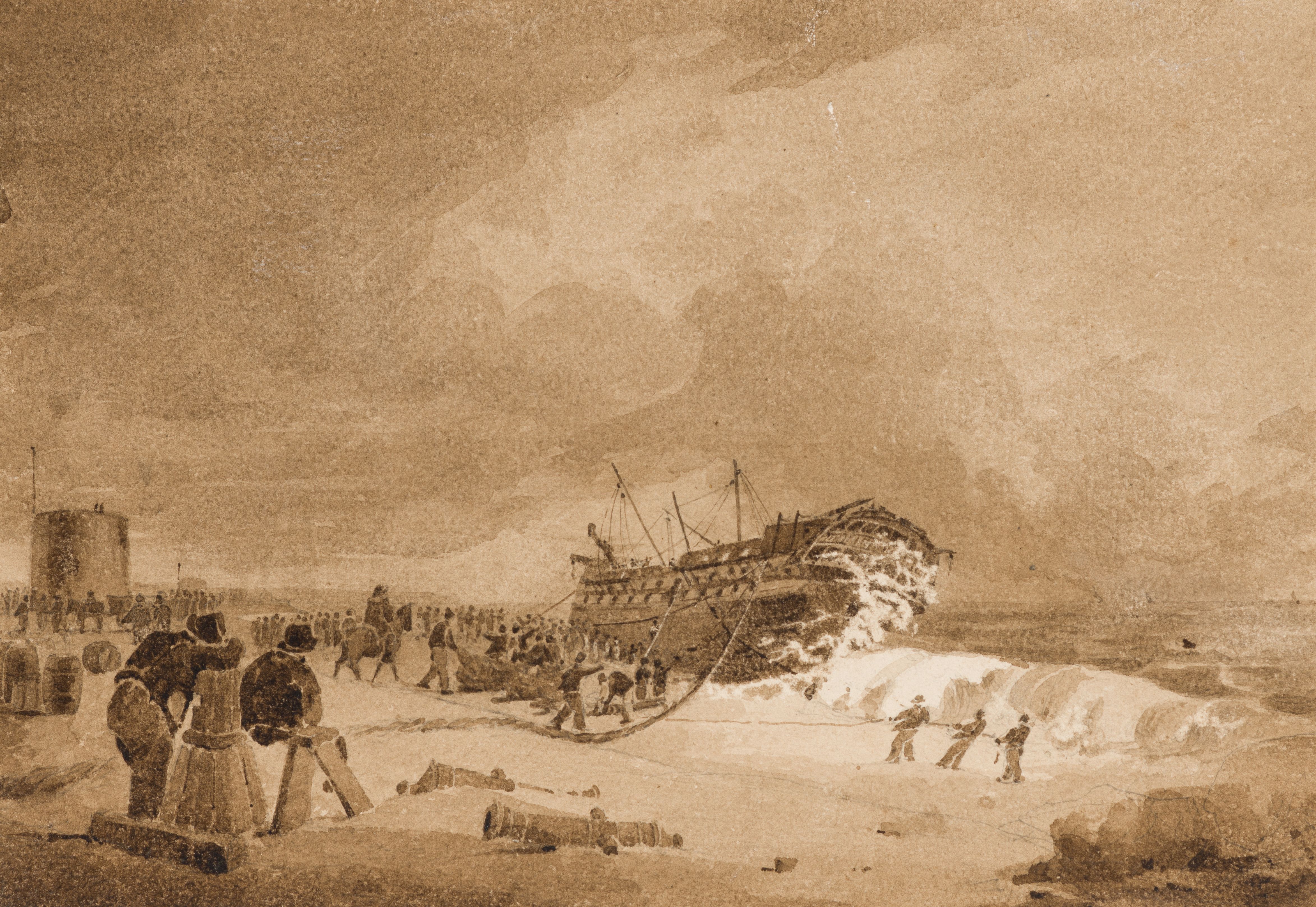 WILLIAM JOHN HUGGINS (1781-1845) A VIEW OF THE THAMES EAST-INDIAMAN, BEACHED AT EASTBOURNE, 1822 sep