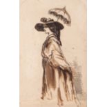 □ ATTRIBUTED TO CONSTANTIN GUYS (1802-1892) A LADY WITH A PARASOL inscribed on mount card l.r. C Guy