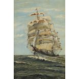 MODERN EUROPEAN SCHOOL (20th CENTURY) A LARGE SHIP IN FULL SAIL signed indistinctly l.r. oil on canv