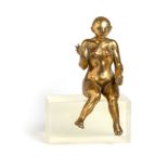 • LOUIS LUTZ (BORN 1940) SEATED FIGURE WAVING stamped on figure~s base Lutz L. bronze with perspex b