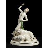 ROYAL DUX -CECOSLOVACCHIA - NUDE WITH PANTHER - Painted ceramic sculpture shaped as [...]