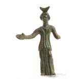 Italic Bronze Statuette of Diana with Phiale, 3rd - 2nd century BC; height cm 8. Untouched green