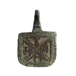 Paleochristian Bronze Pendant, 4th - 8th century; height cm 3,5, length cm 2,4; Decorated with the