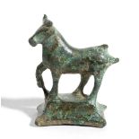 Roman Bronze Bull Statuette, 1st - 2nd century AD; height cm 4, length cm 3,4. Provenance: ex