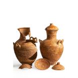 Couple of Greek Geometric Amphorae, 8th century BC; height max (with lid) cm 43, height max cm 39,