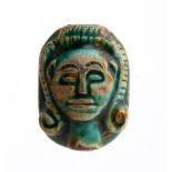 Egyptian Faience Scaraboid Amulet in the Shape of Hator head, Late Period, 664 - 332 BC; length cm