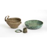 Group of Etruscan Bronze Vessel and Ornaments, 7th - 4th century BC; height max cm 13,5, diam. cm