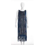 MARIA MONACI GALLENGA (ATTRIBUTED) VELVET DRESS 20s Steel blue velvet fringed dress, silver and gold
