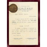 XVI Mille Miglia, medal with certificate Bronze medal for the XVI Mille Miglia - Franco Mazzotti Cup