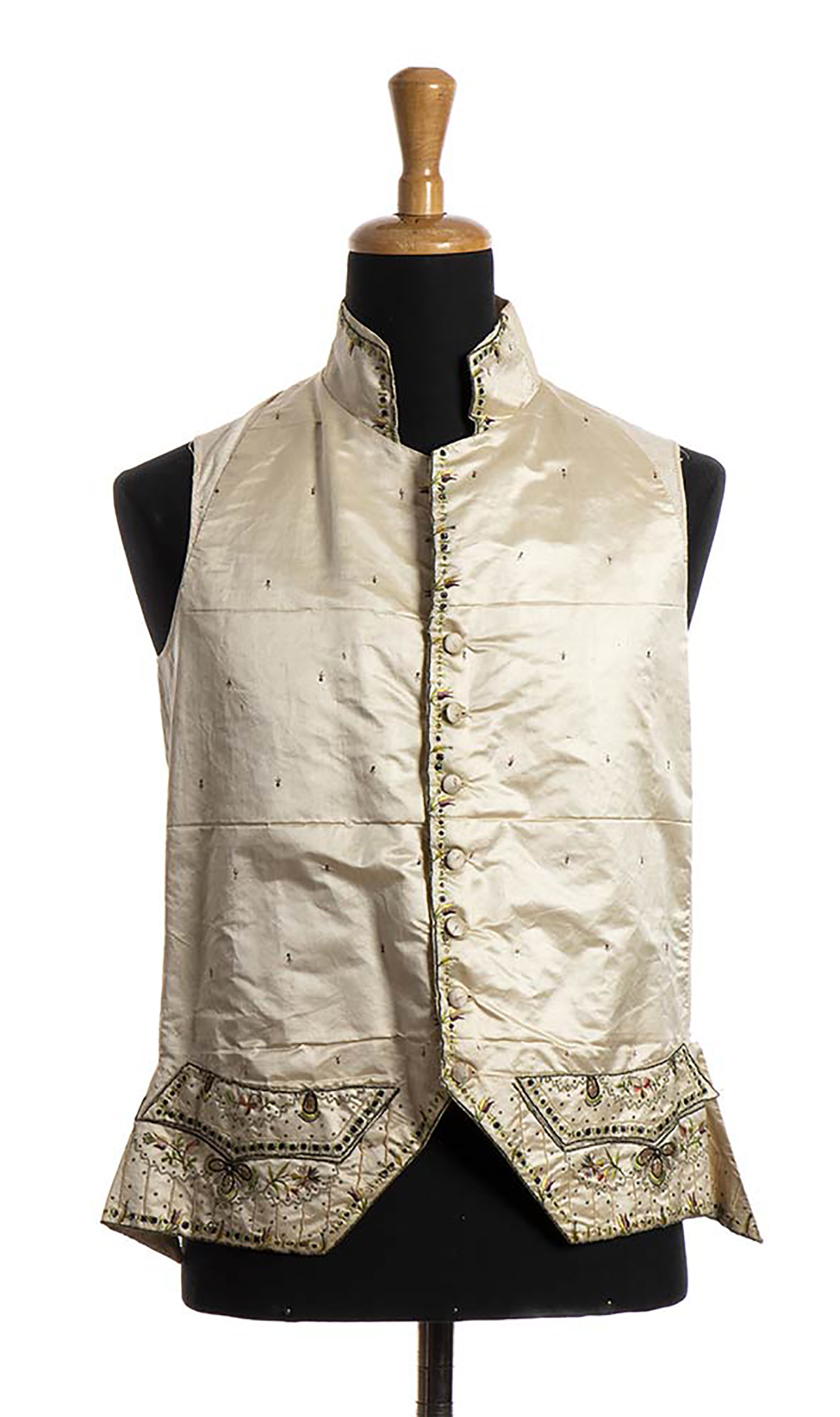 SILK AND LINEN VEST Late 18th Century Embroidered ivory silk and linen vest. Bust 100 cm General