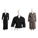 DRESS, SUIT AND JACKET 40s/50s A lot of 3 items: 1 wool suit, 1 black rayon dress, 1 jacket. General