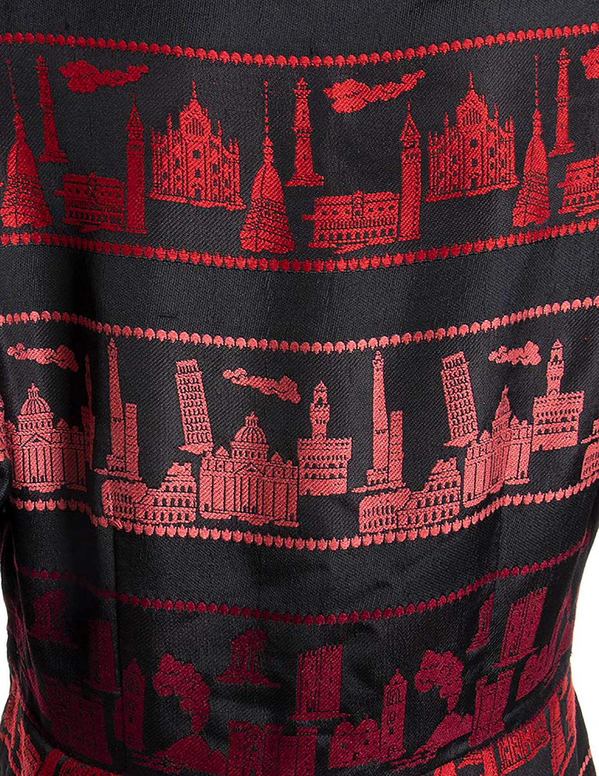 DRESS Late 60s A black background shades of red Italian monuments skyline pattern poly blend - Image 4 of 4