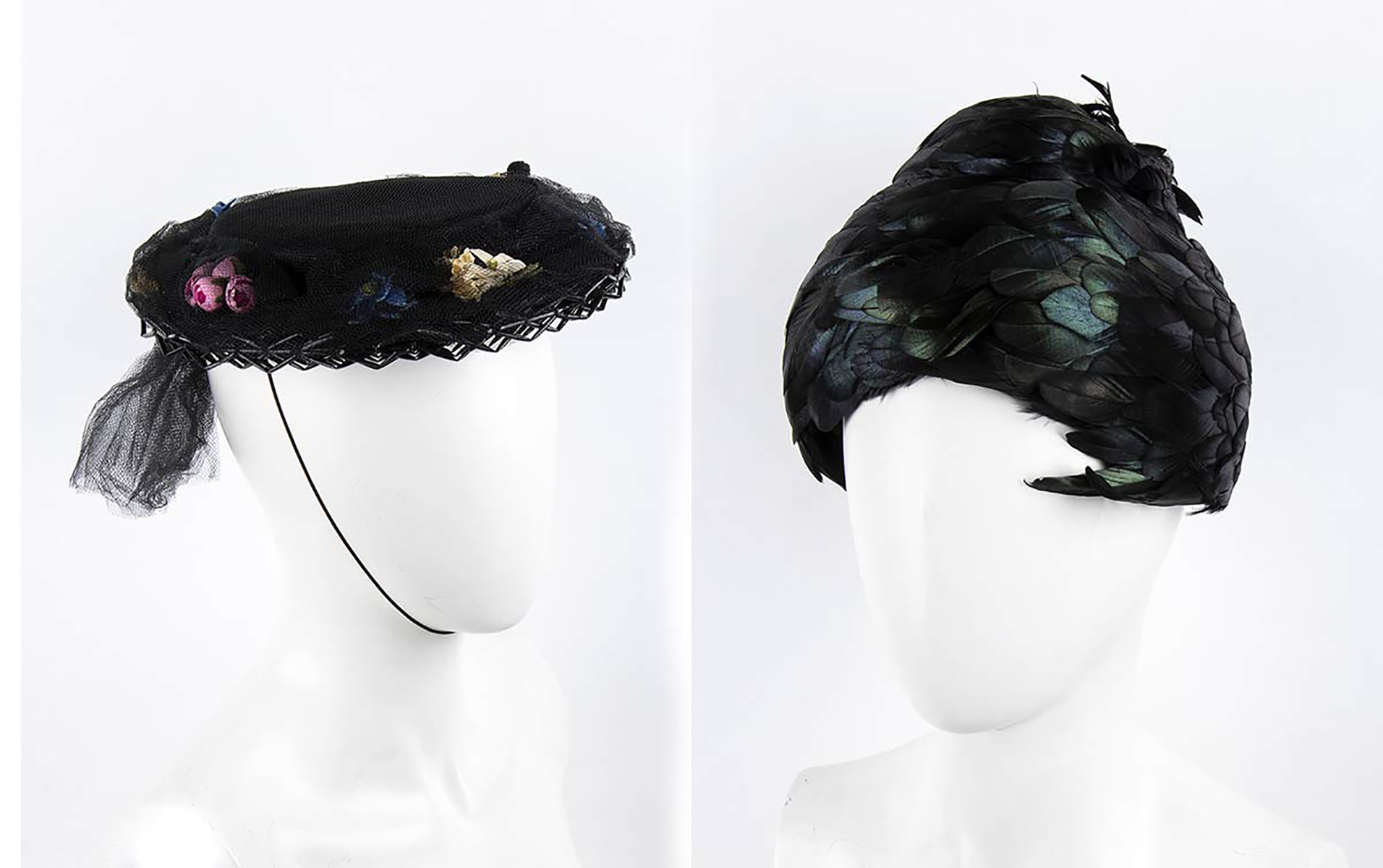MAD MANCY TWO HATS 40s/ 60s A lot of 2 items: a late 40s black straw boater hat, black tulle and