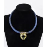 BLUE PYTHON NECKLACE WITH LEMON QUARTZ PENDANT SET IN GILDED BRONZE Blue python necklace – Length 39