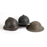A lot of 3 steel helmets, adran m.26, jean d’arc m. 45 steel,lether A lot of 3 steel helmet, british