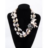 THREE STRAND GREY AND PINK BAROQUE PEARL NECKLACE WITH JEWEL CLASP 3 strands of grey and pink