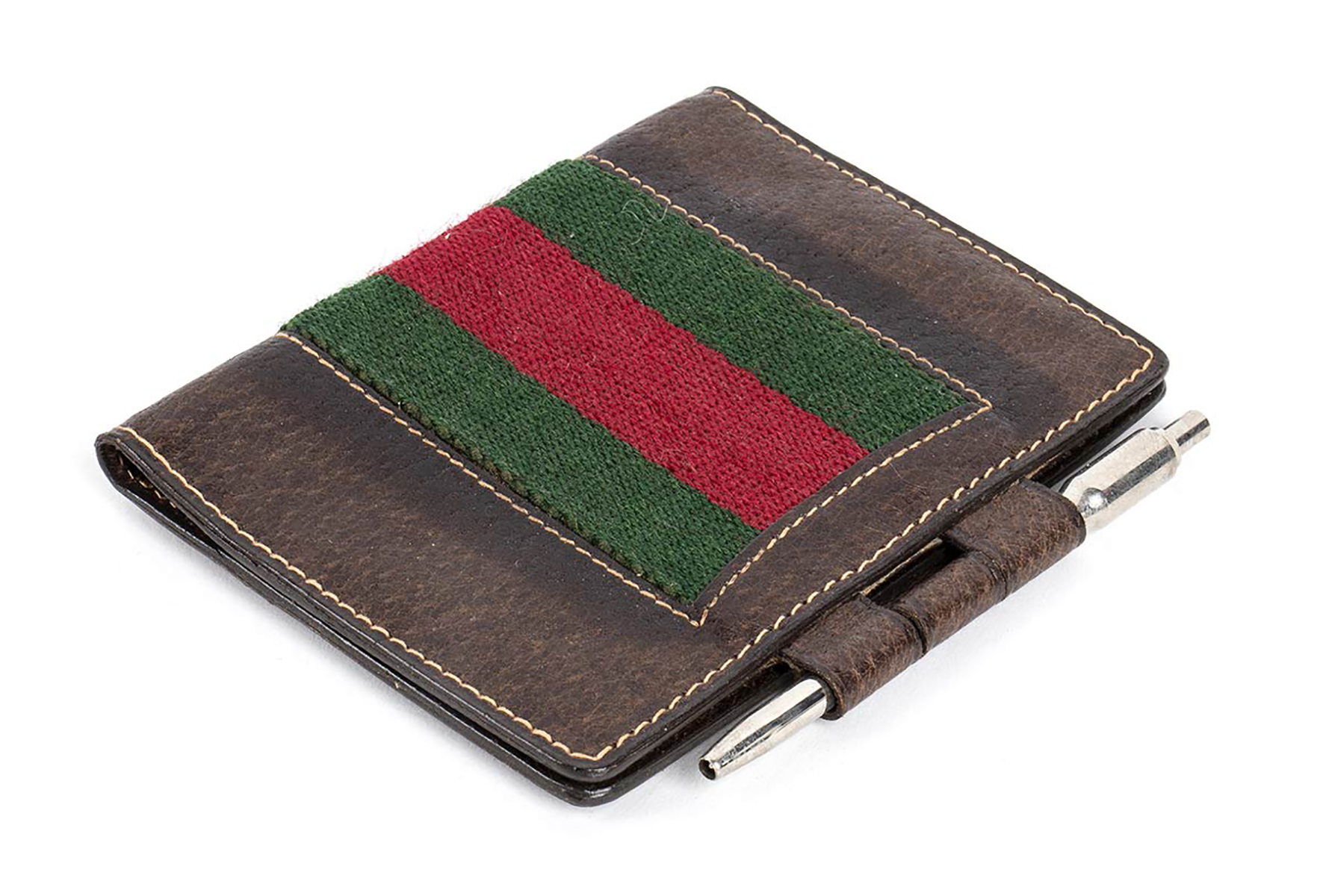 GUCCI LEATHER AND CANVAS NOTEPAD 80s Brown leather striped canvas notepad with pen, General