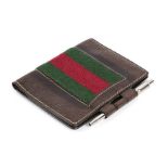 GUCCI LEATHER AND CANVAS NOTEPAD 80s Brown leather striped canvas notepad with pen, General