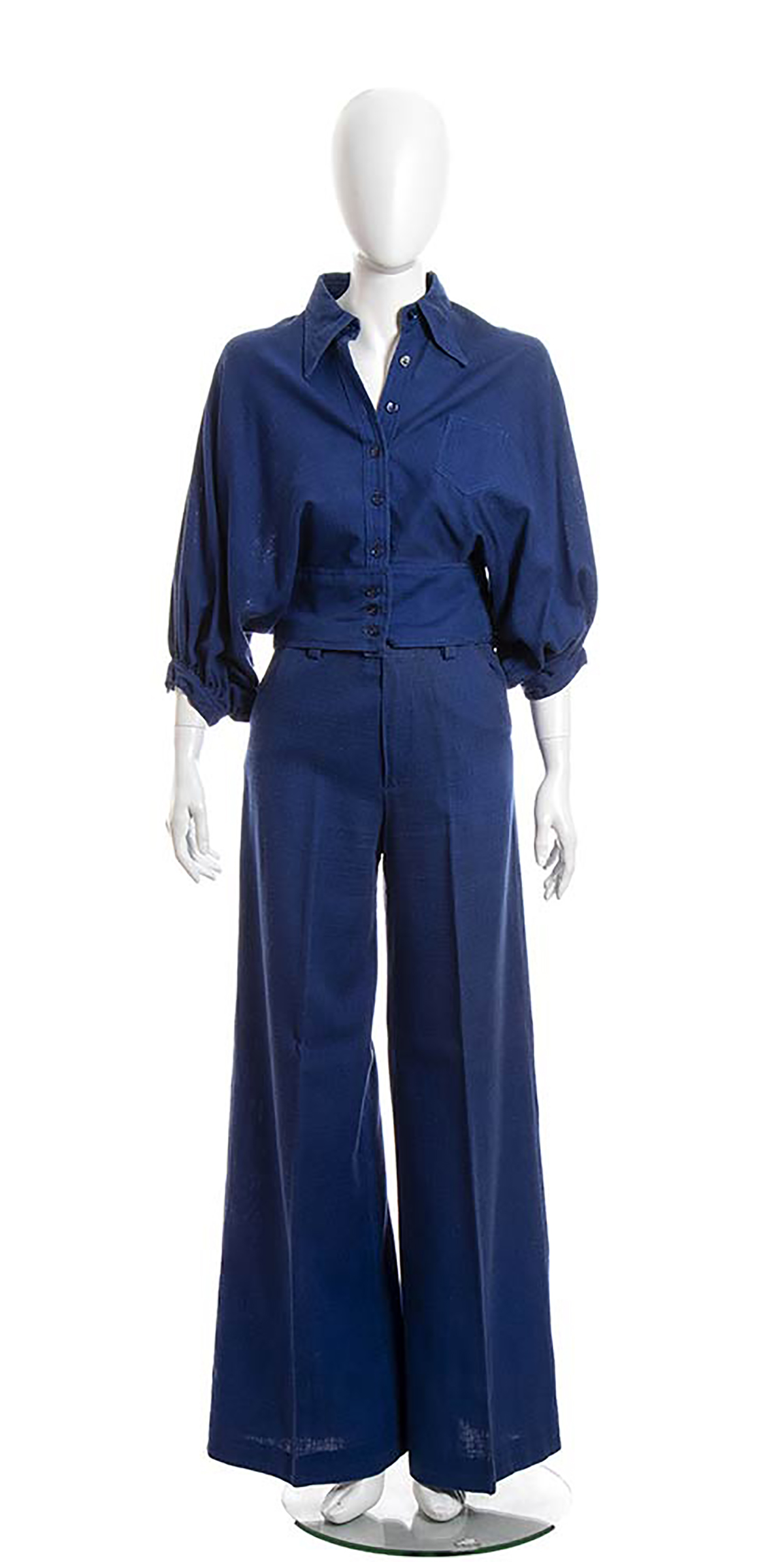 JAP (KENZO) ENSEMBLE 1969/70 A light blue cotton ensemble (shirt and trousers) , Bust 90 cm Waist 65