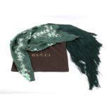 GUCCI SILK SHAWL 2015 ca Green silk fringed floral pattern shawl, Gucci dust bag. General Conditions